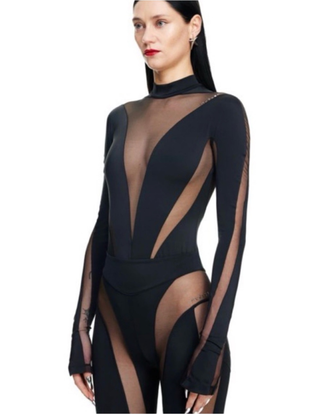 Mugler Long-Sleeve Black Mesh Panel Bodysuit for Women